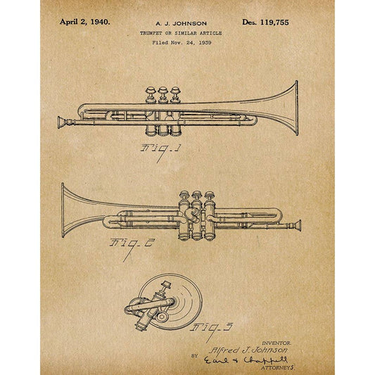 Patent Art Print, Trumpet Artwork 1940 - Parchment / 8"x 10"
