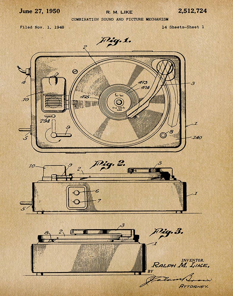 Patent illustration of a combination sound and picture mechanism from 1950, showing technical drawings on a beige background.