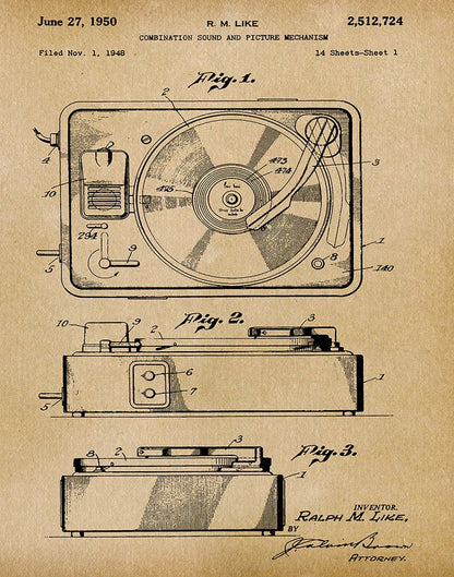 Patent illustration of a combination sound and picture mechanism from 1950, showing technical drawings on a beige background.