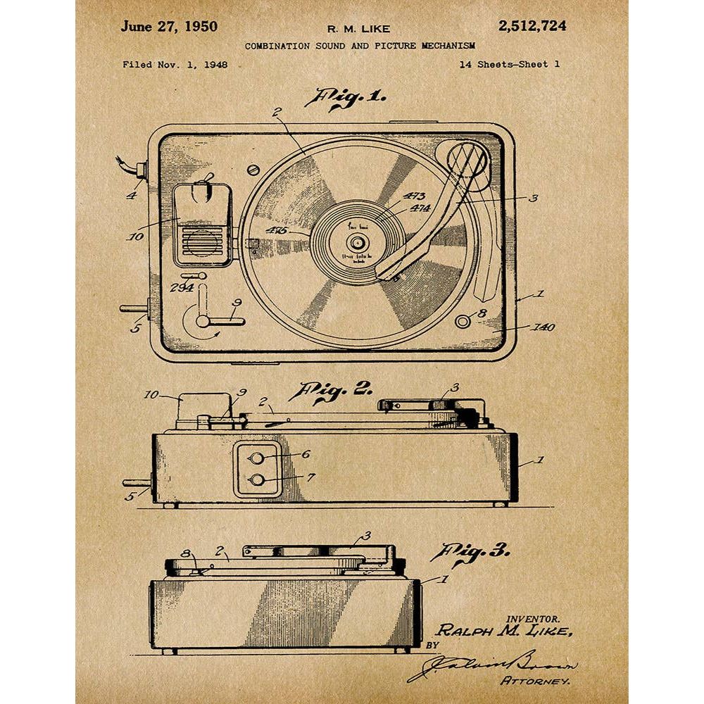 Patent Art Print, Turntable Artwork 1950 - Parchment / 8"x 10"
