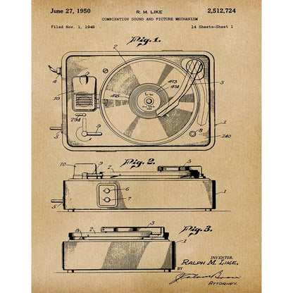 Patent Art Print, Turntable Artwork 1950 - Parchment / 8"x 10"