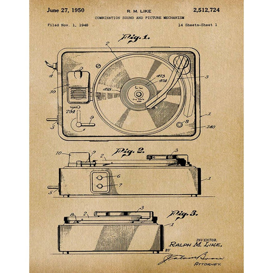 Patent Art Print, Turntable Artwork 1950 - Parchment / 8"x 10"