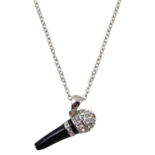 Necklace, Rhinestone, Microphone - Black
