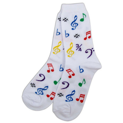 Women's Socks, Multi-colored Music Symbols, White