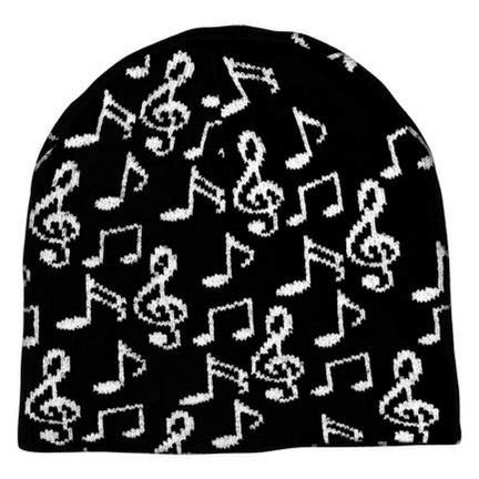 Knit Winter Hat, Music Notes on Black